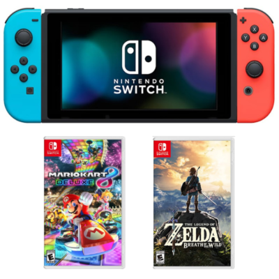 Nintendo Switch and MarioKart 8 Deluxe and Legend of Zelda: Breath of the Wild games