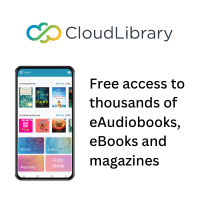 CloudLibrary logo, image of CloudLibrary app on a smartphone and text "Free access to thousands of eAudiobooks, eBooks and magazines